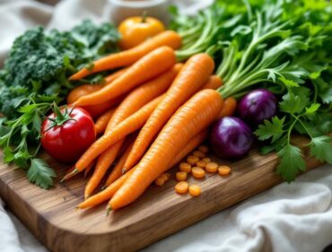 Rau củ quả sơ chế bày trí trên bảng gỗ