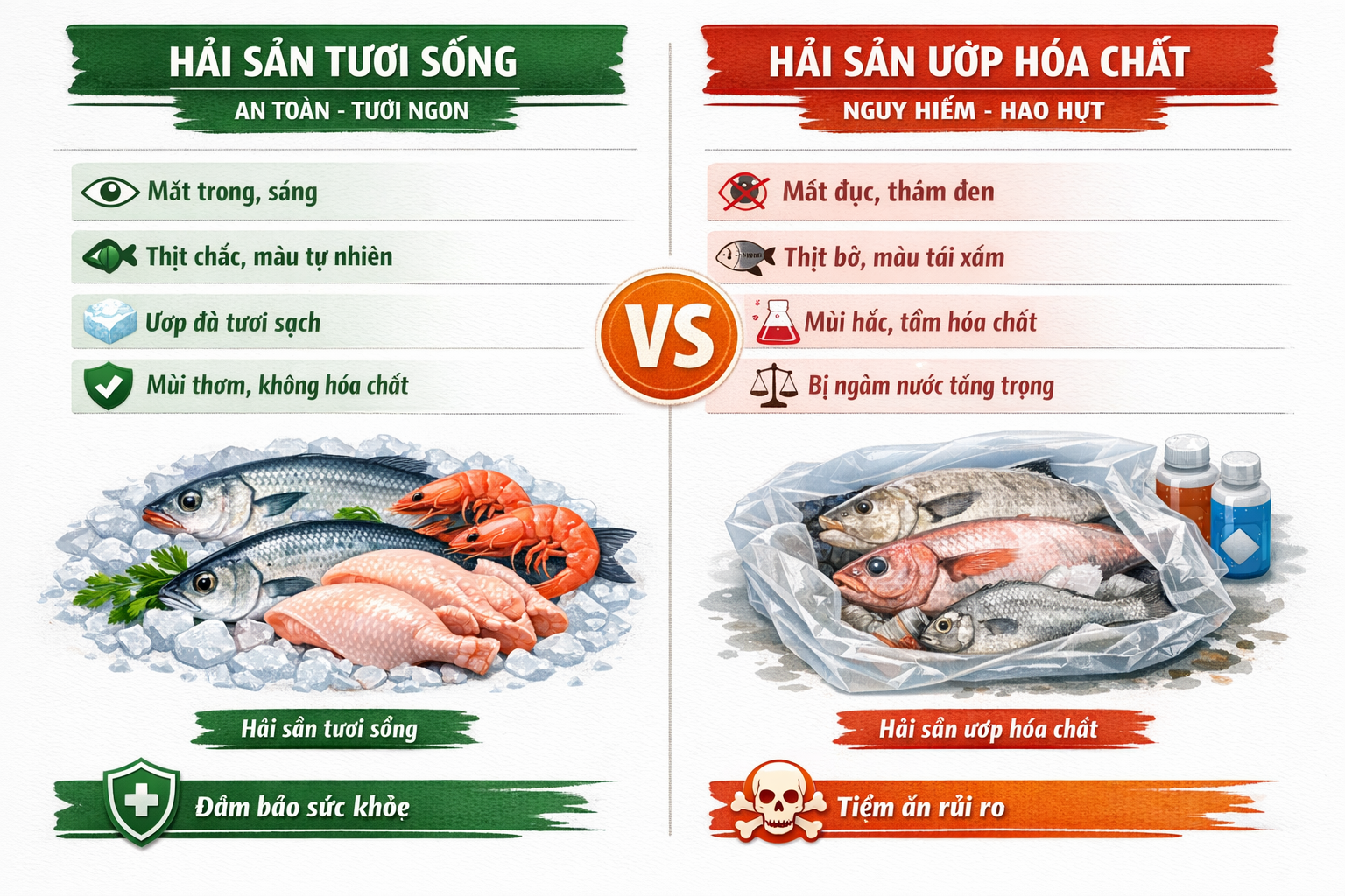 So sánh hải sản tươi sống và hải sản ướp hóa chất — mắt trong sáng, thịt chắc, mùi biển tự nhiên vs mắt đục, thịt bở, mùi khai