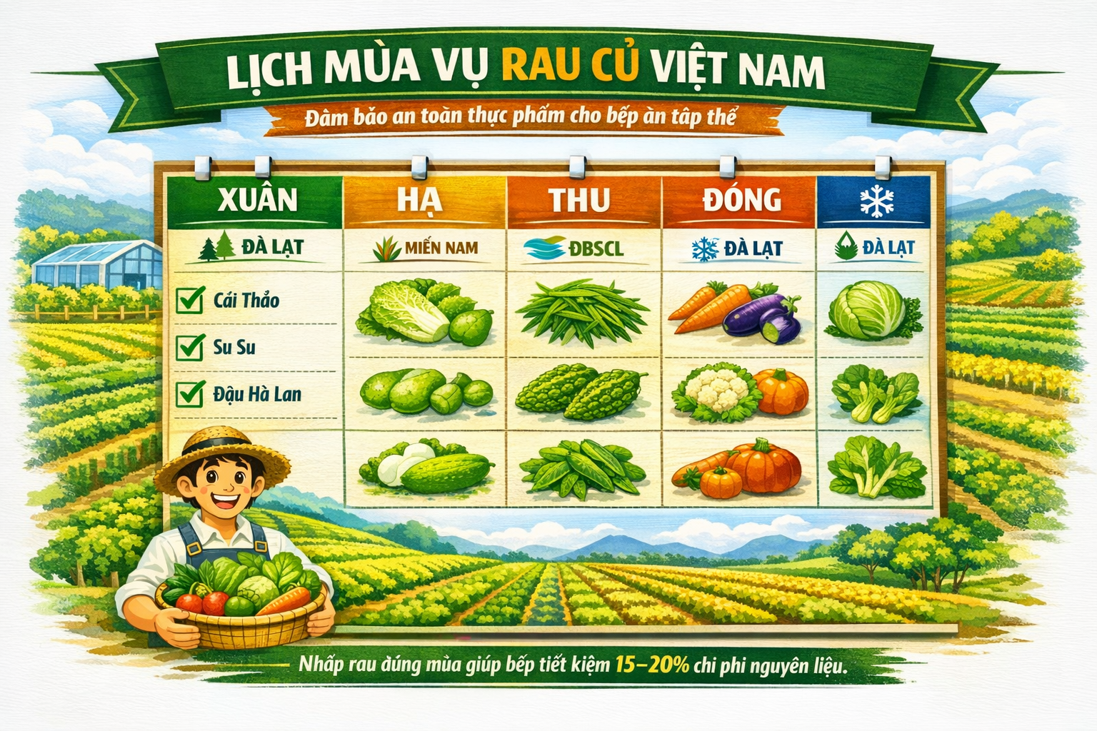 Infographic lịch mùa vụ rau củ Việt Nam theo 4 mùa — Xuân Hạ Thu Đông — nguồn từ Đà Lạt, miền Nam, ĐBSCL — nhập đúng mùa giúp bếp tiết kiệm 15–20% chi phí nguyên liệu