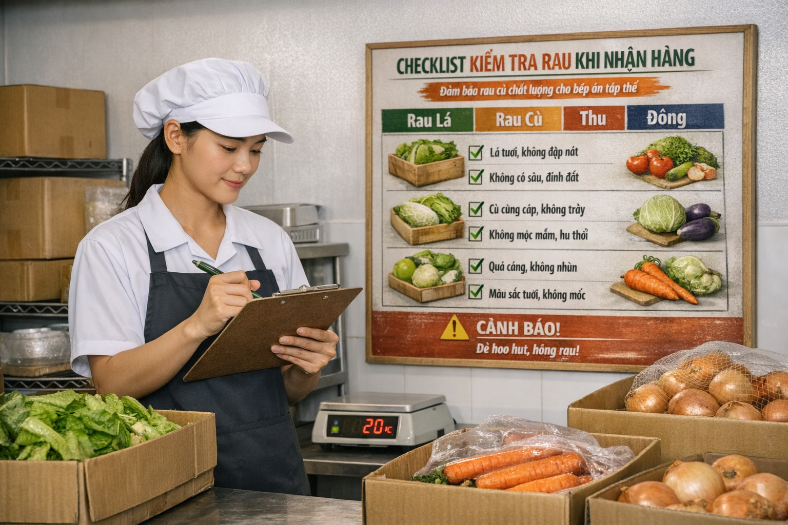 Nhân viên bếp ăn tập thể kiểm tra rau củ khi nhận hàng theo checklist — rau lá tươi không dập nát, rau củ cứng không mọc mầm hư thối, quả căng không nhũn