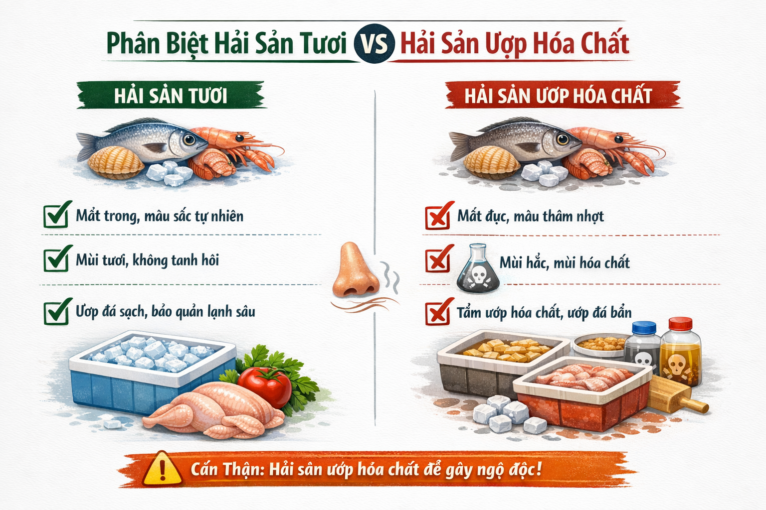 Infographic phân biệt hải sản tươi và hải sản ướp hóa chất — hải sản tươi có mắt trong màu tự nhiên, ướp đá sạch; hải sản ướp hóa chất có mắt đục, mùi hắc