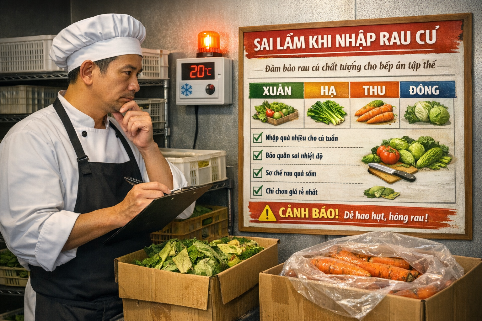 Bếp trưởng suy nghĩ trước bảng cảnh báo 4 sai lầm khi nhập rau củ: nhập quá nhiều cả tuần, bảo quản sai nhiệt độ, sơ chế rau quá sớm, chỉ chọn giá rẻ nhất — dễ hao hụt hỏng rau