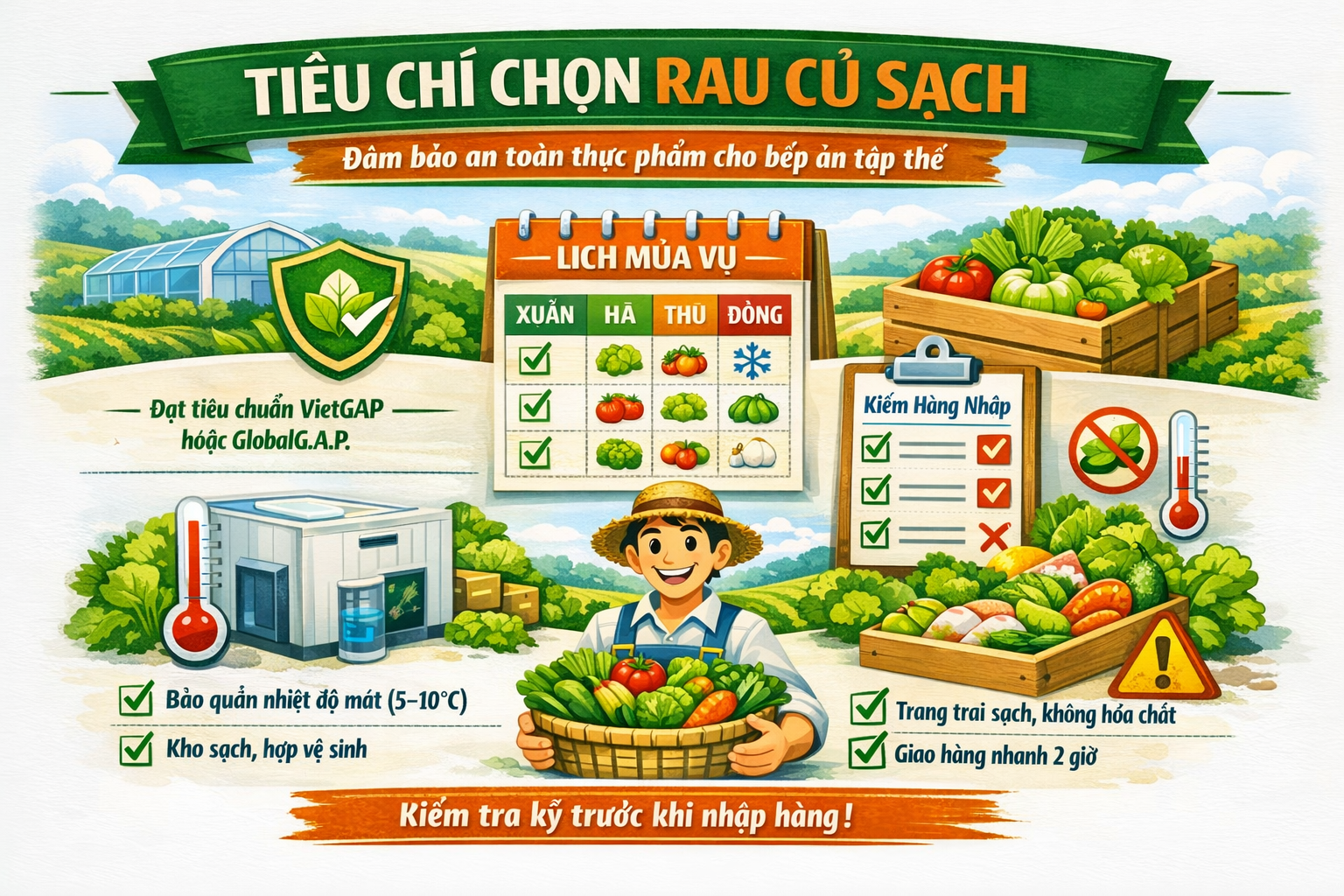 Infographic tiêu chí chọn rau củ sạch cho bếp ăn tập thể — VietGAP, lịch mùa vụ, bảo quản nhiệt độ mát 5–10°C, kiểm tra hàng nhập, giao hàng nhanh 2 giờ