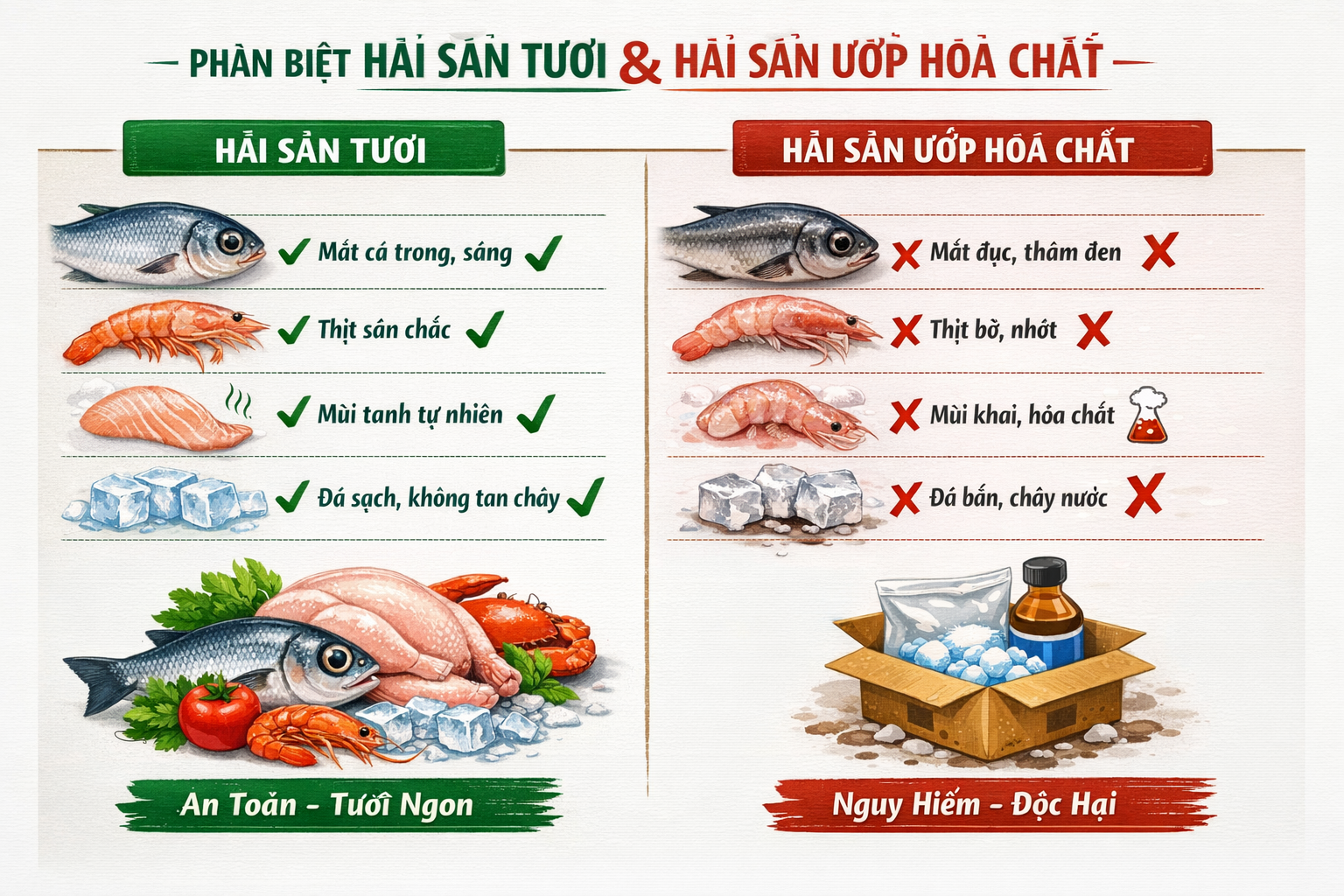 : Phân biệt hải sản tươi và hải sản ướp hóa chất — mắt cá trong sáng, thịt sân chắc, ướp đá sạch là hải sản tươi an toàn; mắt đục thâm đen, thịt bở nhớt là hải sản nguy hiểm