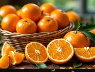 Cam sành Việt Nam tươi trong giỏ tre trên nền gỗ tự nhiên