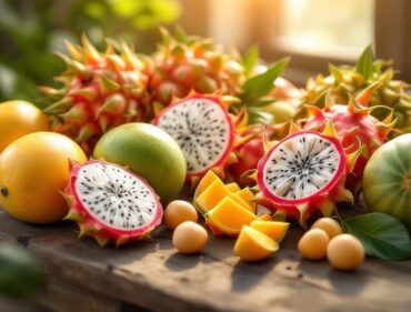 Các loại hoa quả tươi ngon Việt Nam xoài, thanh long, chôm chôm, bưởi trên bàn gỗ