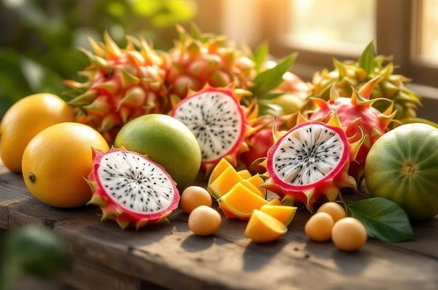Các loại hoa quả tươi ngon Việt Nam xoài, thanh long, chôm chôm, bưởi trên bàn gỗ