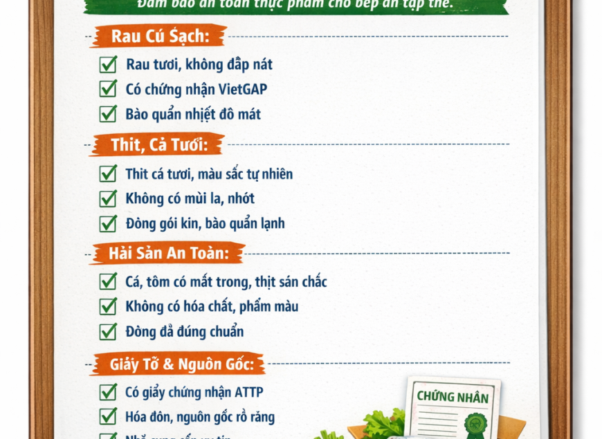 Checklist chọn thực phẩm sạch cho bếp ăn tập thể — rau củ, thịt, hải sản, giấy tờ nguồn gốc