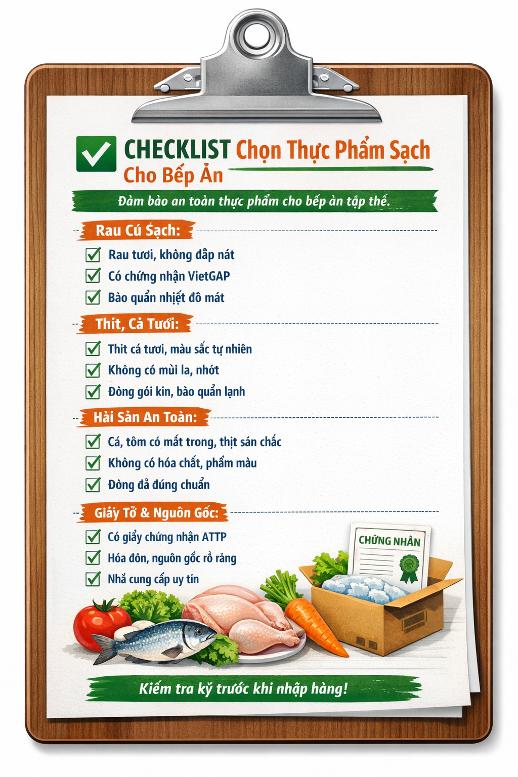 Checklist chọn thực phẩm sạch cho bếp ăn tập thể — rau củ, thịt, hải sản, giấy tờ nguồn gốc