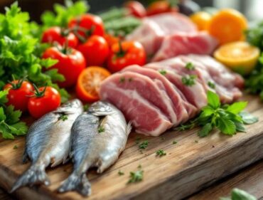 Thực phẩm tươi sống Việt Nam trên thớt gỗ - rau củ, thịt cá, trái cây