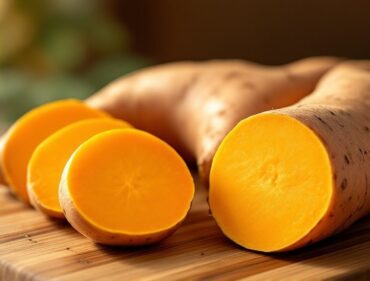 Khoai lang mật Việt Nam ngọt đậm đà được cắt đôi trên thớt tre
