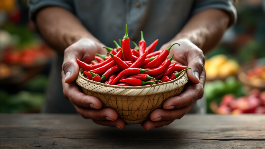 Người đàn ông Việt Nam cầm rổ ớt hiểm đỏ tươi tại chợ ẩm thực TPHCM