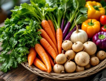 Combo rau củ tươi cho mẹ bầu 3 tháng đầu trong giỏ tre trên mặt gỗ
