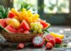 Combo trái cây mùa hè cho gia đình gồm dưa hấu, xoài, vải, thanh long và nho xanh tươi ngon trong rổ tre