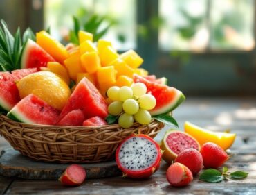 Combo trái cây mùa hè cho gia đình gồm dưa hấu, xoài, vải, thanh long và nho xanh tươi ngon trong rổ tre