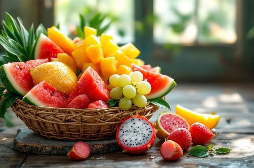 Combo trái cây mùa hè cho gia đình gồm dưa hấu, xoài, vải, thanh long và nho xanh tươi ngon trong rổ tre