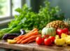 Rau củ quả tươi Việt Nam đa dạng trên mặt gỗ mộc mạc dùng cho canteen công ty
