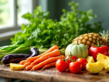 Rau củ quả tươi Việt Nam đa dạng trên mặt gỗ mộc mạc dùng cho canteen công ty