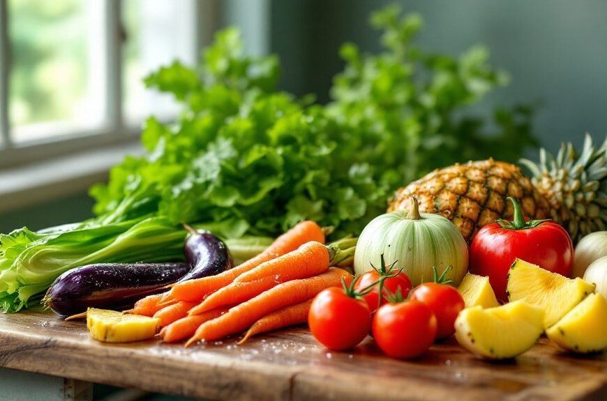 Rau củ quả tươi Việt Nam đa dạng trên mặt gỗ mộc mạc dùng cho canteen công ty