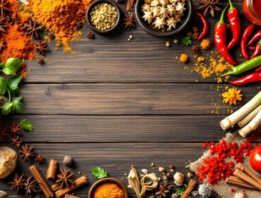 Các loại gia vị Việt Nam đặc trưng bao gồm hoa hồi, quế, ớt khô và nước mắm trên mặt gỗ tự nhiên