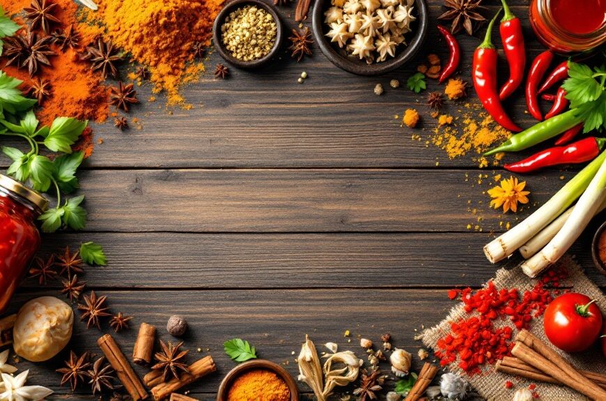 Các loại gia vị Việt Nam đặc trưng bao gồm hoa hồi, quế, ớt khô và nước mắm trên mặt gỗ tự nhiên