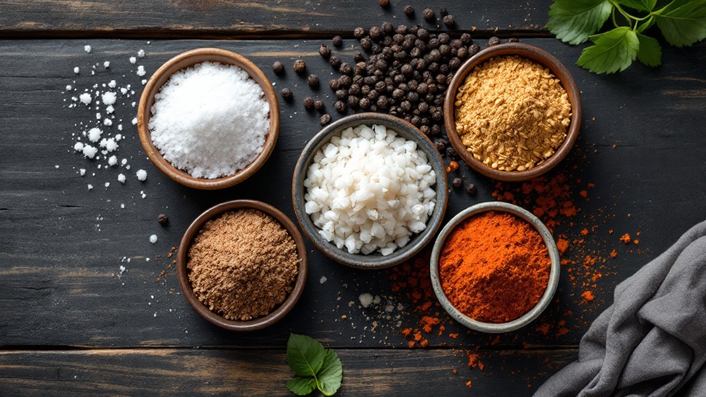 Bộ gia vị thiết yếu bếp Việt Nam gồm muối, đường, bột ngọt, ngũ vị hương trong bát gốm nhỏ