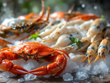 Hải sản tươi sống cho nhà hàng gồm cua, tôm hùm, mực và hàu trên đá lạnh tại TPHCM