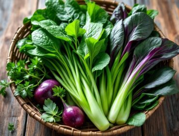Giỏ rau hữu cơ tươi Việt Nam gồm rau muống, khổ qua, sả và rau thơm trên mặt gỗ mộc