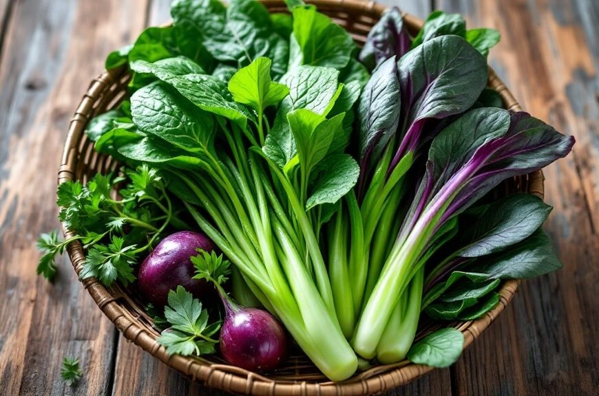 Giỏ rau hữu cơ tươi Việt Nam gồm rau muống, khổ qua, sả và rau thơm trên mặt gỗ mộc