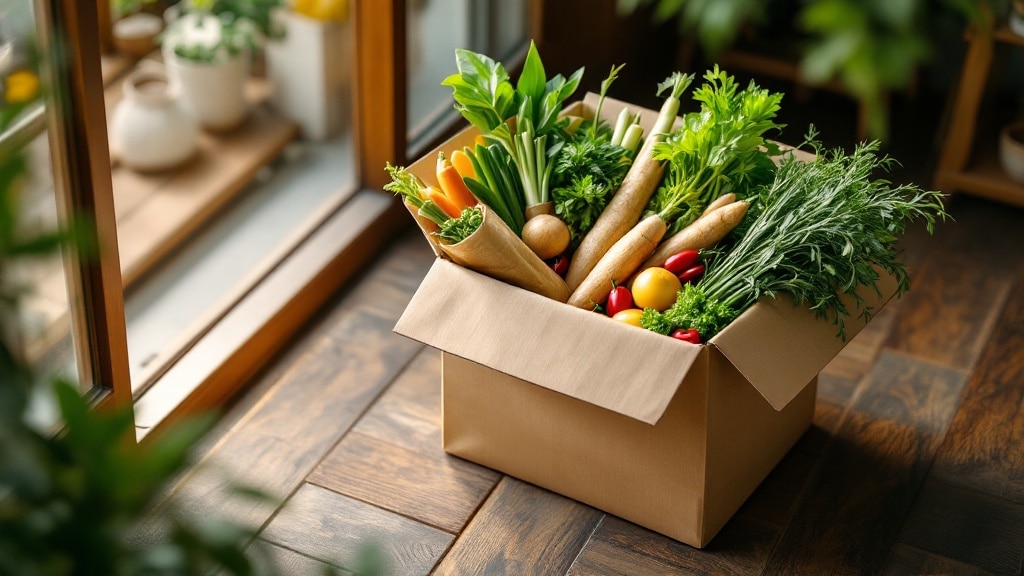 Hộp rau hữu cơ giao tận nhà gồm rau lang, ớt và sả bọc giấy kraft trước cửa nhà