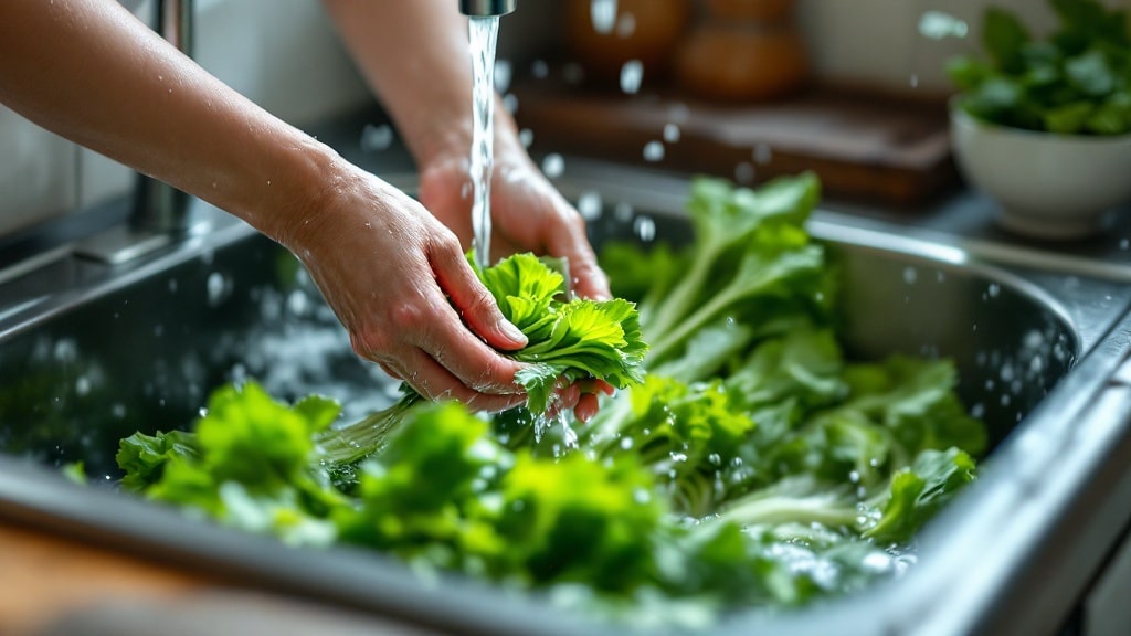 Rửa rau củ quả đúng chuẩn dưới vòi nước sạch trong quy trình sơ chế an toàn