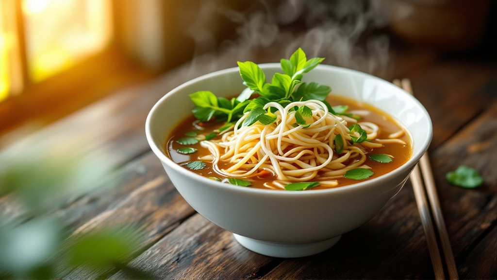 Bát phở bò Việt Nam với cần tàu tươi và giá đỗ