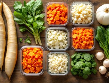 Củ quả sơ chế TPHCM đóng gói sẵn gồm khoai môn, cà rốt, củ cải, rau muống trên mặt gỗ