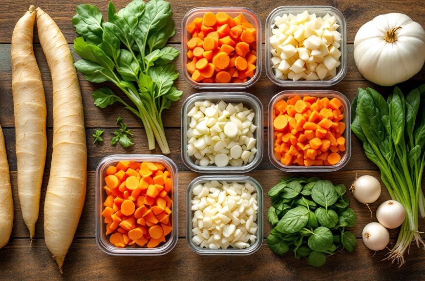 Củ quả sơ chế TPHCM đóng gói sẵn gồm khoai môn, cà rốt, củ cải, rau muống trên mặt gỗ