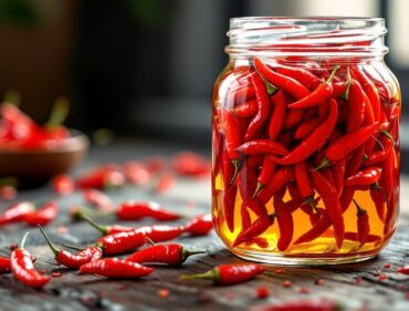 Hũ ớt hiểm đỏ ngâm giấm truyền thống Việt Nam đặt trên bàn gỗ
