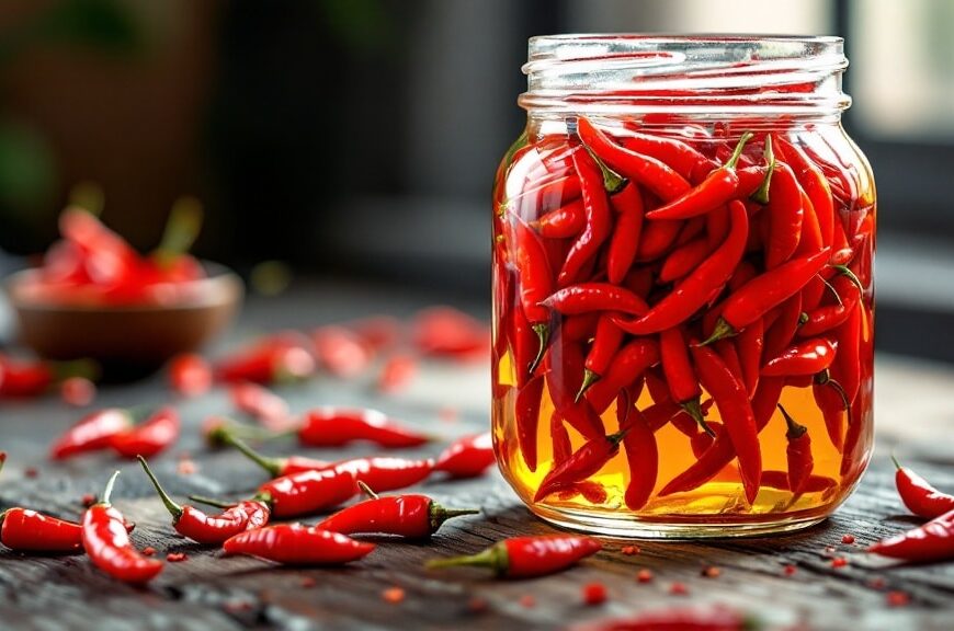 Hũ ớt hiểm đỏ ngâm giấm truyền thống Việt Nam đặt trên bàn gỗ