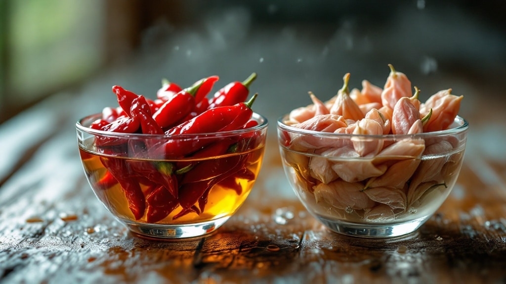 So sánh ớt hiểm ngâm giấm đúng chuẩn và bị nhũn mất màu