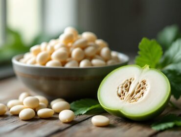 Bầu và đậu ván tươi đặt cạnh nhau trên mặt gỗ, ánh sáng tự nhiên