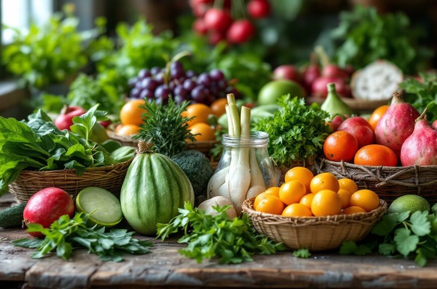 Rau củ quả tươi Việt Nam đa dạng trong giỏ tre trên mặt bàn gỗ — đơn vị cung cấp rau củ quả cho nhà hàng TPHCM