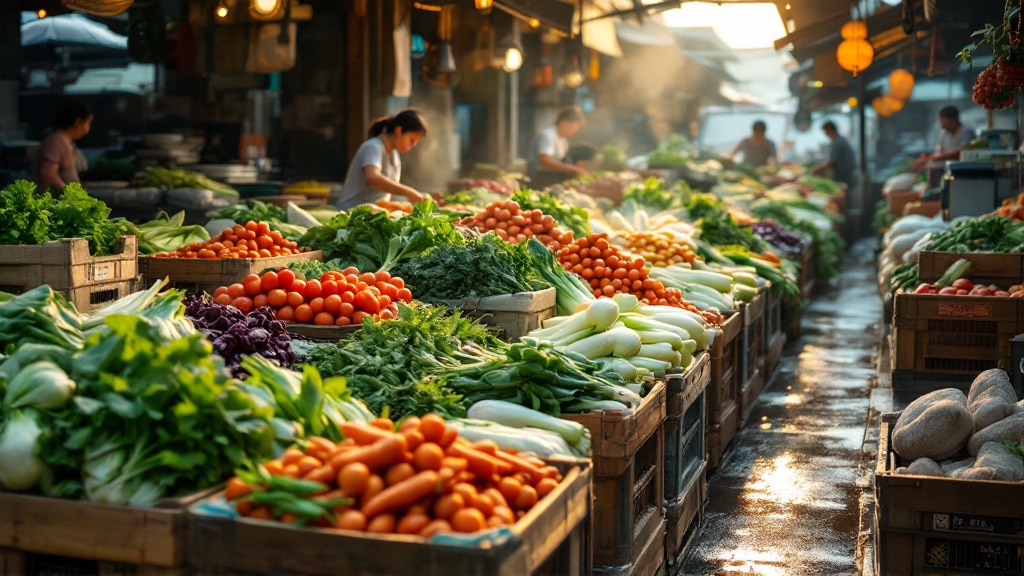 Chợ đầu mối rau củ quả Việt Nam buổi sáng sớm với nhiều loại rau tươi trong thùng gỗ